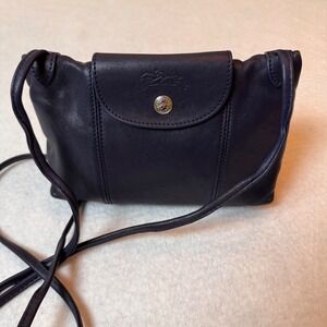 Longchamp LePlige Cuir Leather Crossbody Bag Womens Small Navy Blue  French Chic